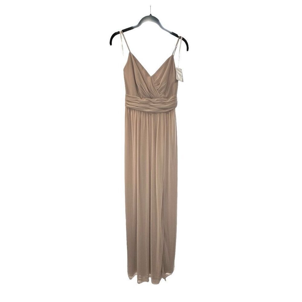 David's Bridal Spaghetti Strap Ruched Waist Mesh Dress Biscotti Size 2 Gown - Picture 4 of 16